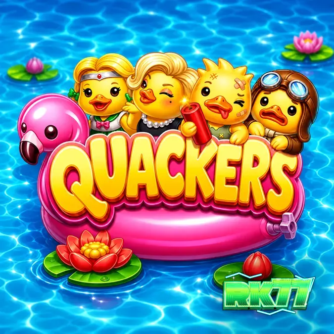 Tampilan visual slot Quackers dengan karakter bebek dan grid cluster pays